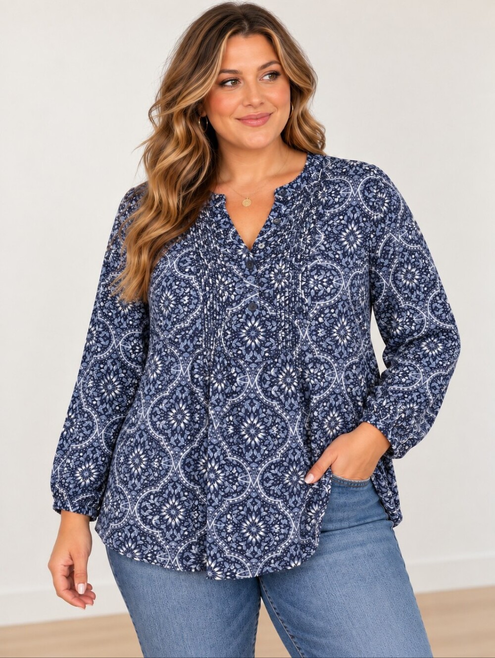 Style & Co Woman Paisley Floral Pintuck Tunic Blouse Plus 1X Navy Blue Plus